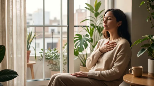 Persona respirando con calma junto a una ventana luminosa