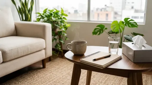 Taza de té y libreta sobre una mesa de consultorio