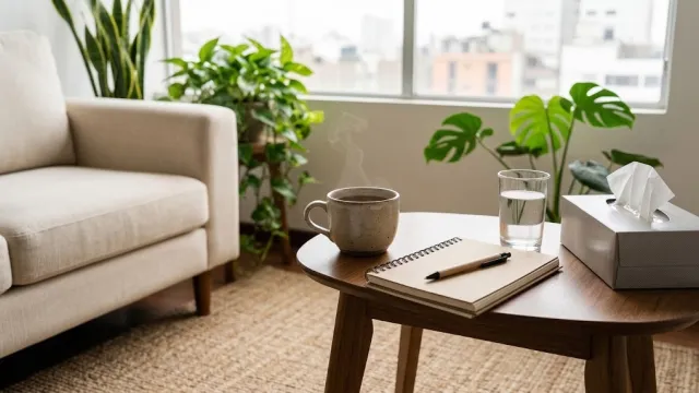Taza de té y libreta sobre una mesa de consultorio
