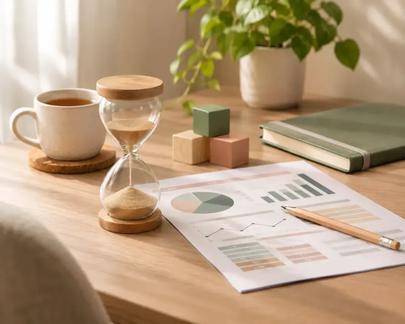 Reloj de arena, taza de té, informe con gráficos y lápiz sobre un escritorio de madera con luz cálida