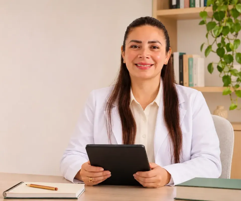 Psicóloga sonriendo con una tableta sobre su escritorio, lista para una evaluación neuropsicológica en Lima