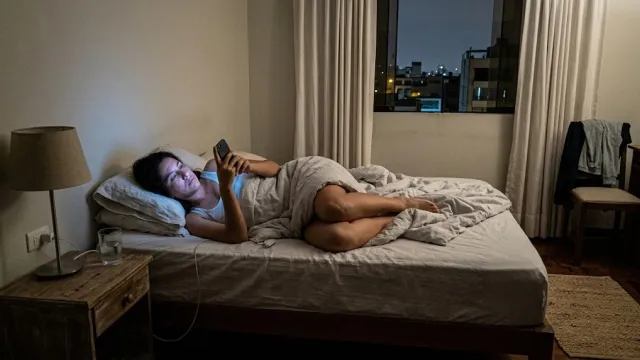 Dormitorio tranquilo con luz tenue y ropa de cama clara