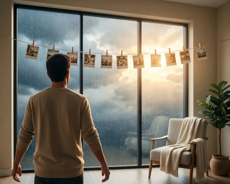 Persona de espaldas frente a una ventana donde la tormenta cede y entra la luz, imagen de la terapia EMDR para el trauma